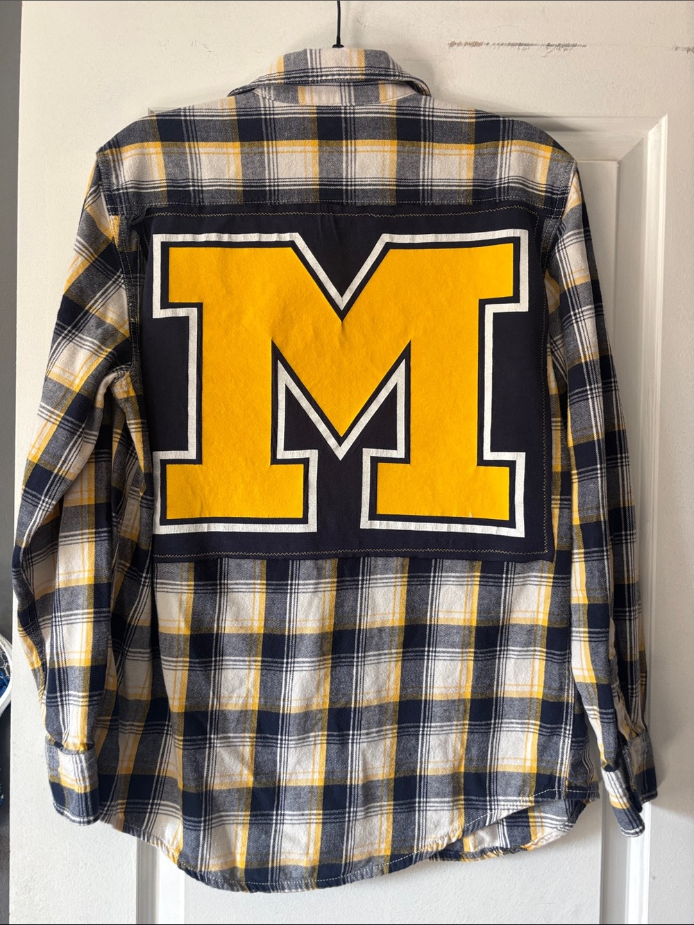 Upcycled Flannel Shirt with Bold M Patch.
